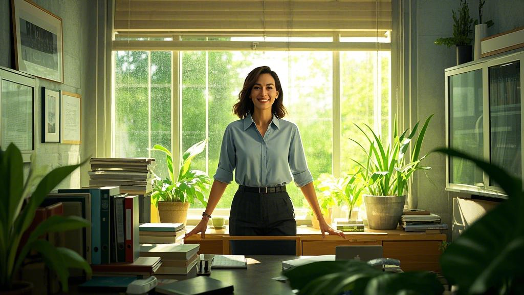 A confident professional woman standing in front of a sunny office window, smiling, surrounded by green plants and a neat desk