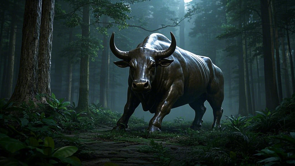 The Wall Street Bull is surrounded by a primitive jungle, with beasts symbolizing greed and fear lurking in the shadows.