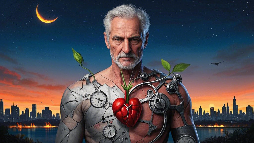 The body of a middle-aged man is made up of broken clock parts, with a sprouting seed in the place of his heart, and a burning city and a tranquil starry sky in the background