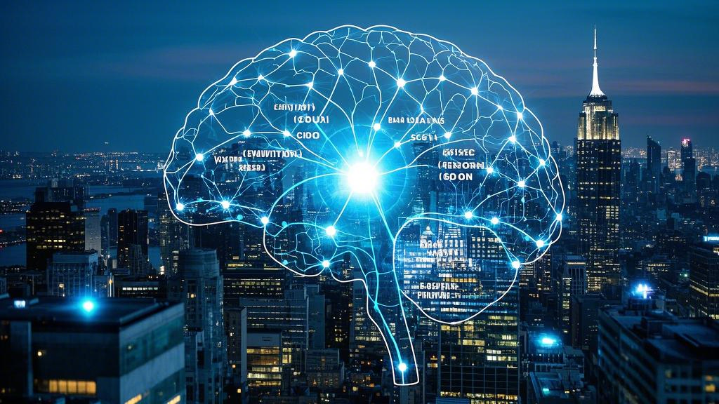 City skyline overlaid with brain neuron network, with important nodes labeled with leadership elements