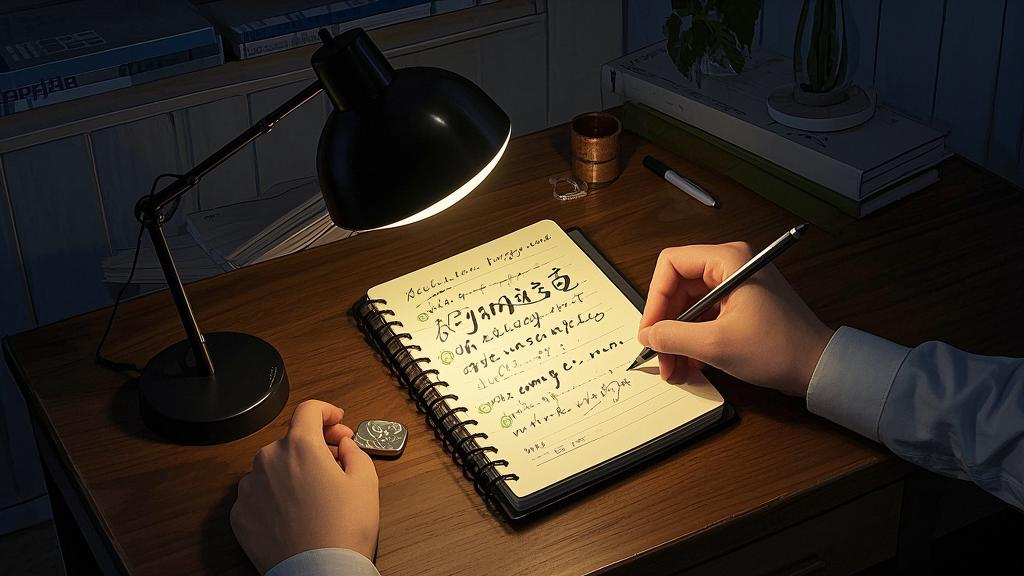 Late at night, a person records his success diary in a notebook, and the warm light of the desk lamp reflects the words on the paper