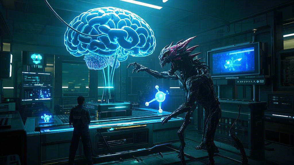 In a cyberpunk neuroscience lab, glowing dopamine molecules fight anxiety monsters