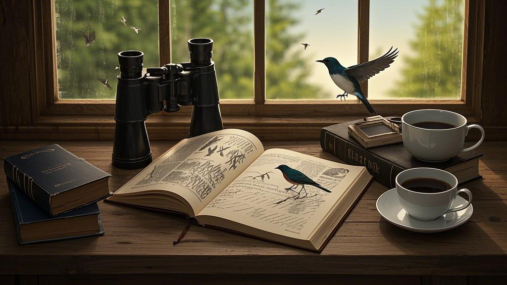 Bird encyclopedia opened on a vintage wooden table, with a telescope and a coffee cup next to it, and the light and shadow of flying birds outside the window