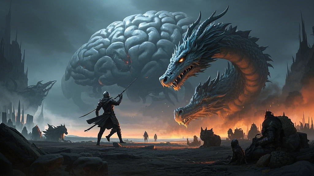 A surreal battlefield inside the brain, where the conscious knight fights the subconscious dragon