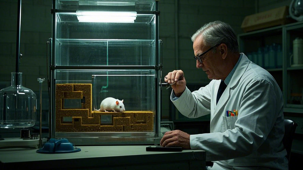 In a 1950s-style laboratory, researchers observed mice choosing paths in a 'T-shaped maze'