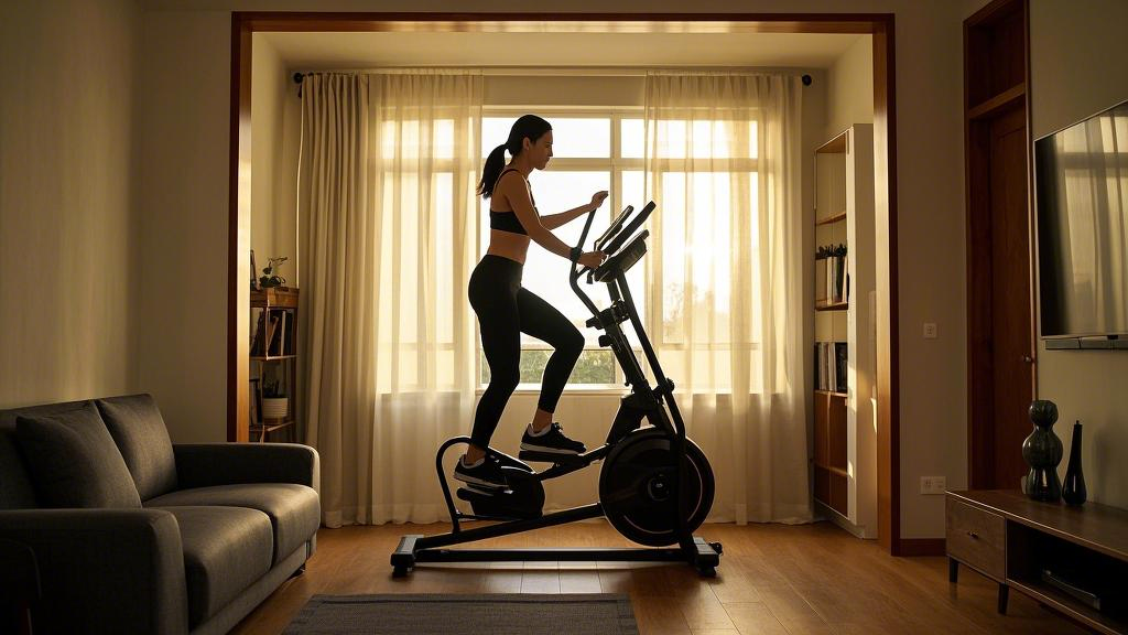 A person is exercising on an elliptical machine in the living room. The sunlight pours in through the window, making him look full of energy.