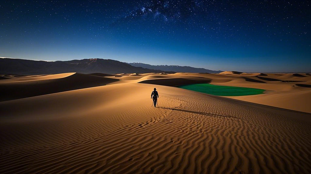 The back of a lone traveler in the desert, the curves of the sand dunes are like the rings of time, and the outline of an oasis can be vaguely seen under the starry sky