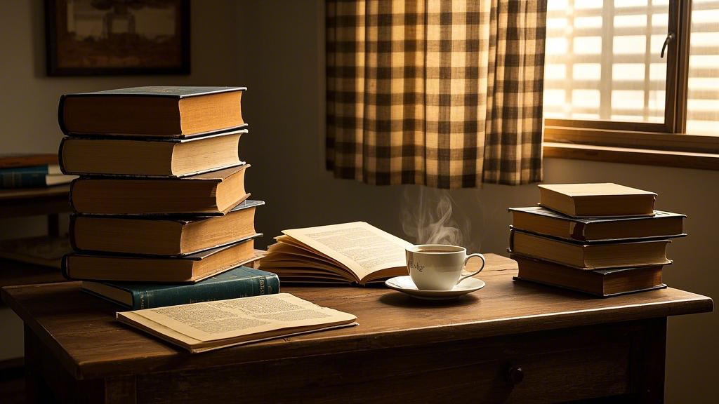 A wooden table piled with old books, the morning light shines through the checkered curtains onto the yellowed pages and coffee cup