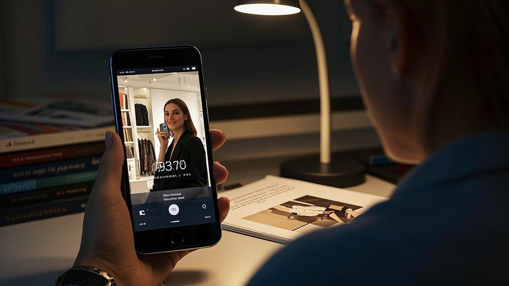 A woman's mobile phone screen displays a European boutique, and a desk lamp illuminates a clothing album on the table in the early morning