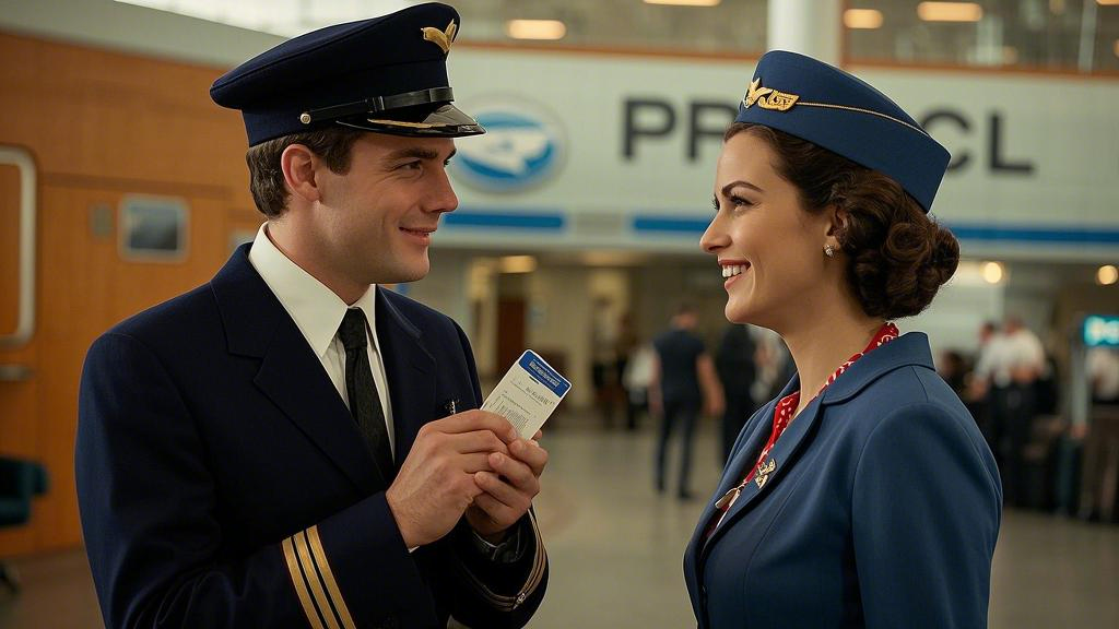 A handsome pilot and a beautiful stewardess