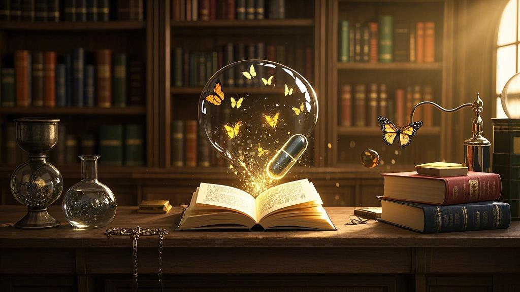 Knowledge Alchemy Lab: In a Victorian-style study, glowing thought capsules are suspended, and books automatically turn pages to release butterfly-shaped knowledge particles