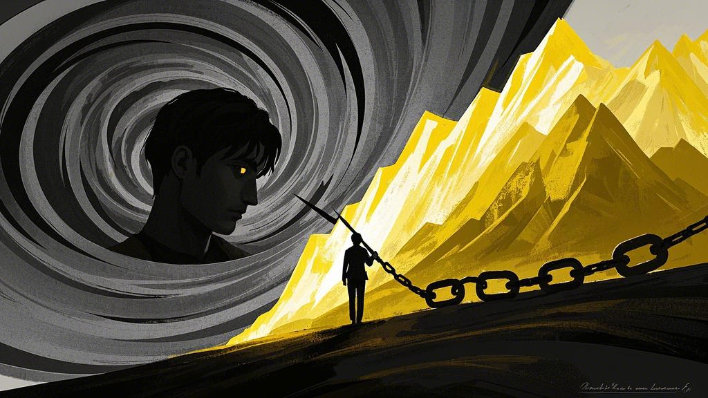 Abstract style illustration, with a dark vortex of self-doubt on the left, a bright mountain on the right, and a silhouette of a person in the middle cutting off the chains and heading towards the light