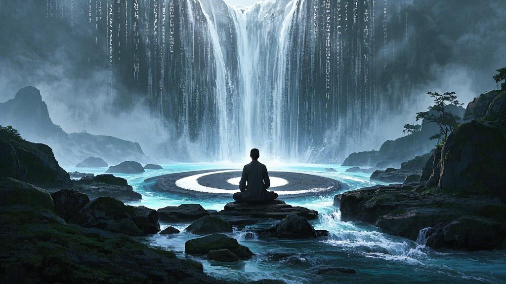 A young man meditates under a waterfall, the water flows into a Tai Chi pattern, and the background has a faint binary code blending into the natural landscape