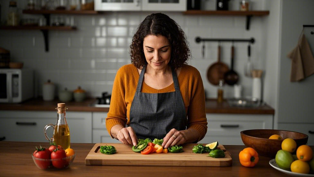 A woman prepares a healthy meal in the kitchen with cut vegetables and fruits on the cutting board.