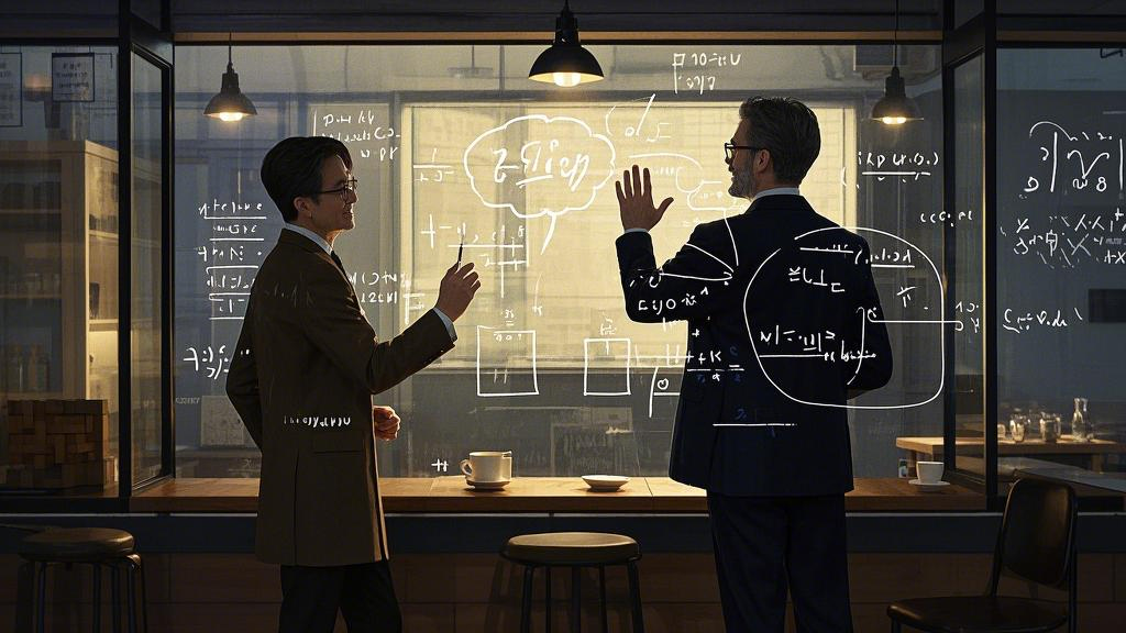 Successful people view multiple floating screens simultaneously (stock data, philosophy books, engineering design drawings), demonstrating cognitive multitasking