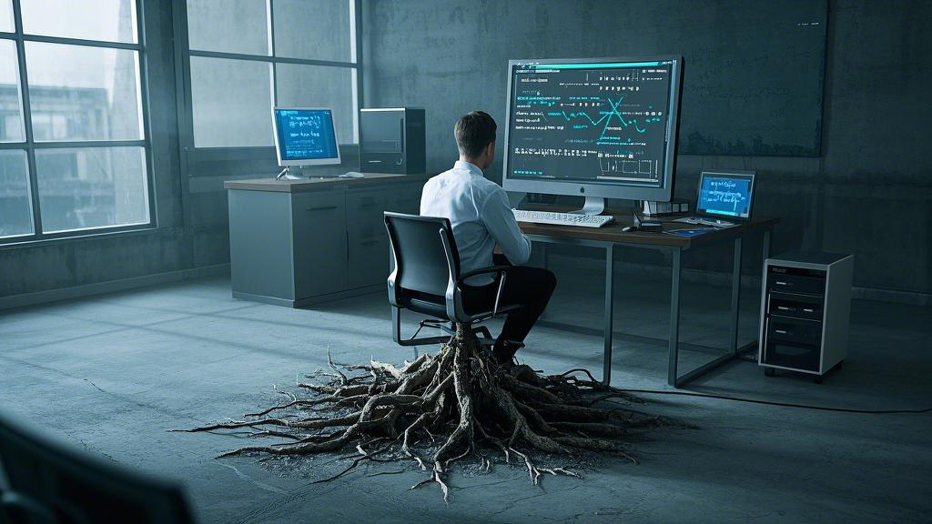 Surreal scene: tree roots grow from behind office workers, penetrating concrete floors and reaching deep into the earth, while computer screens display quantum mechanics formulas.