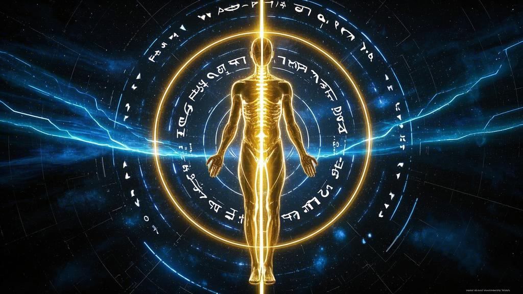 Abstract energy field concept image: glowing golden central channel of human body, spine straight as a laser, surrounded by rotating Sanskrit symbols, dark blue cosmic background, cyberpunk style light.