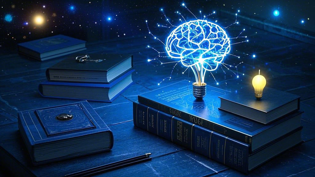 Use glowing neural networks to connect books, light bulbs and galaxies to show the metacognitive process of the intelligent brain