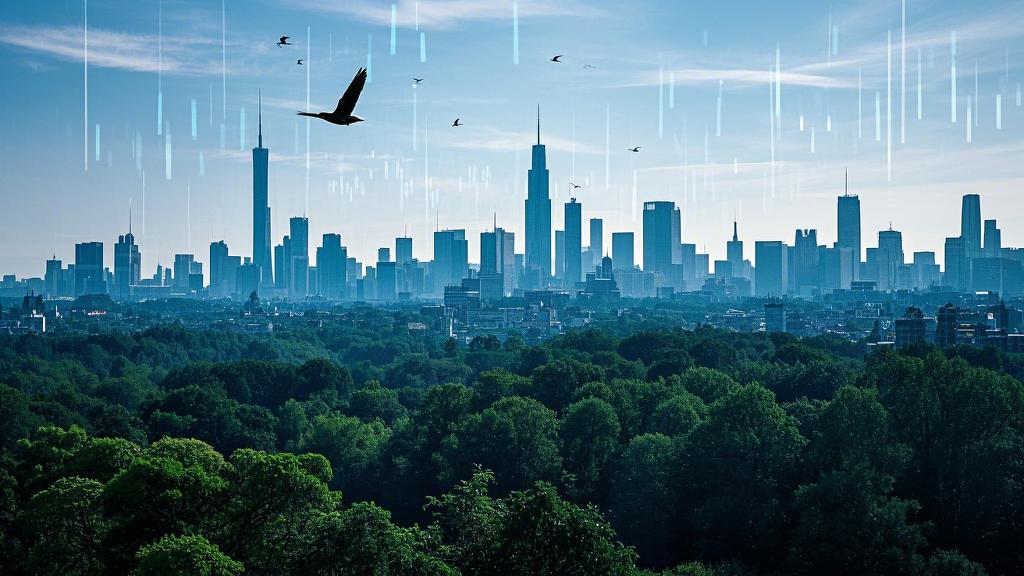 Multiple exposure photography: city skyline overlaps with forest canopy, with birds turning into data symbols