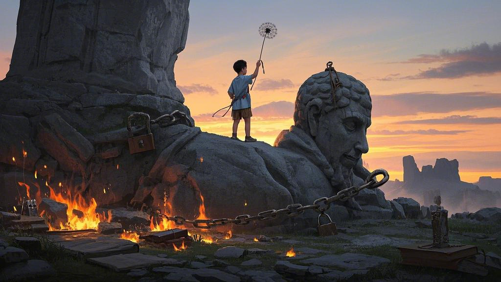 Ink painting style: a child stands on the shoulders of a broken stone statue of a giant, holding a dandelion, with burning old books and chains under his feet, and the sun rising in the distance.