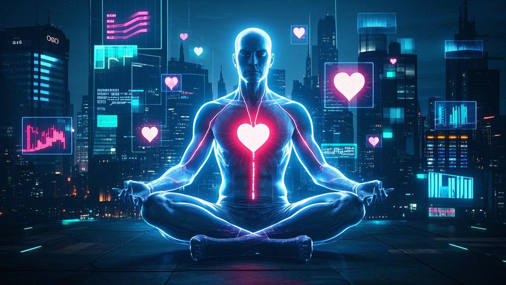 An entrepreneur meditating in a cyberpunk city, his body transparently showing glowing meridians, with financial statements and love symbols floating around him