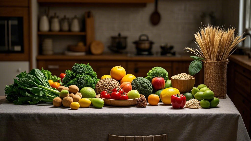 A table filled with fresh fruits, leafy greens, and whole grains, with a warm kitchen in the background.