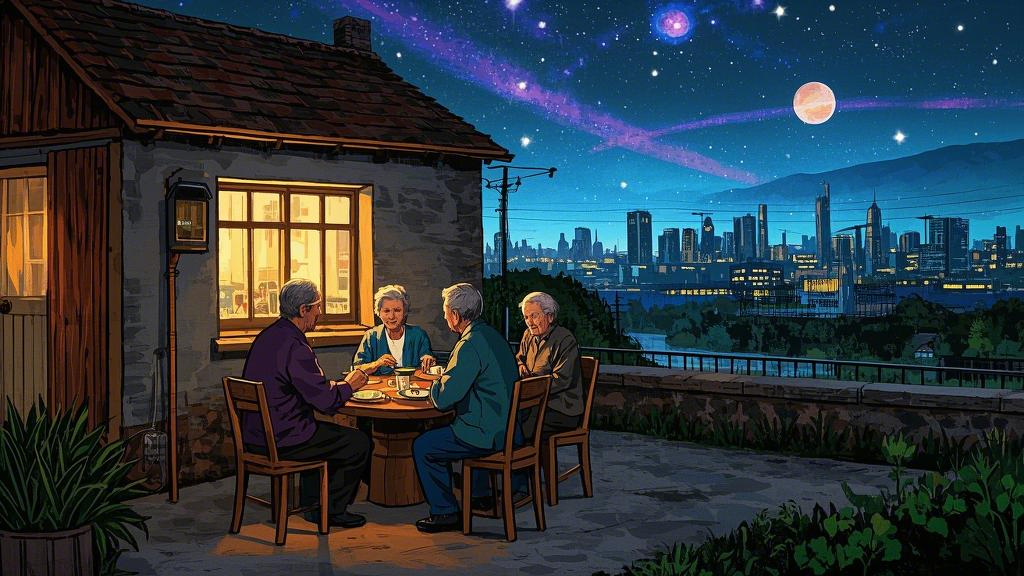 In front of a simple house, three generations of the family sit together to eat, and the universe, galaxies and high-tech cities flash outside the window