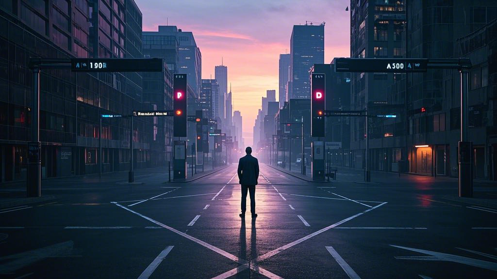 An ordinary office worker stands at a crossroads, with four directions showing different life paths