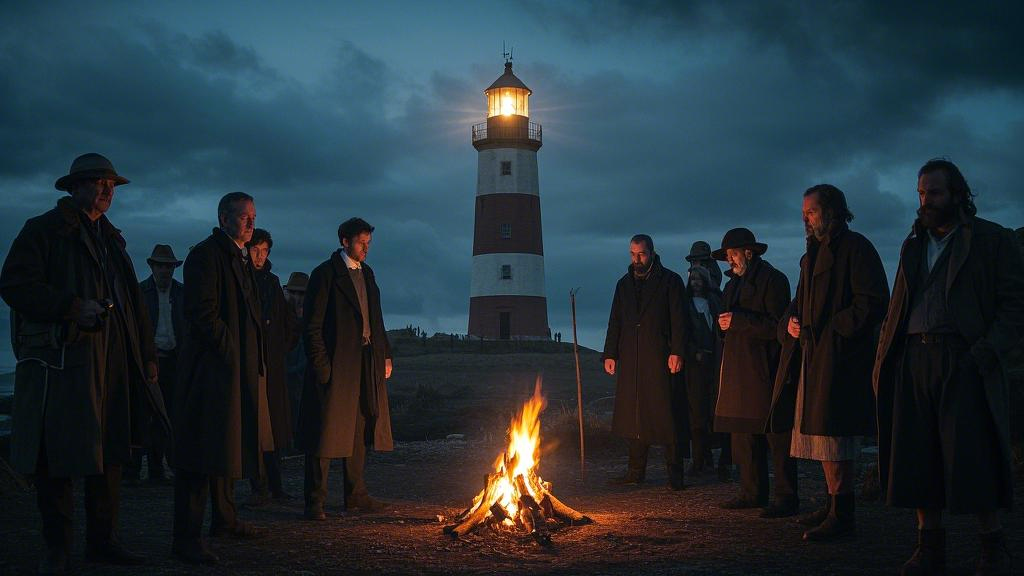 A group of people gathered around a campfire, and one of them stood up and walked away towards the lighthouse that was shining alone.