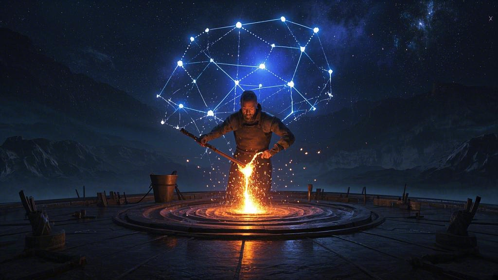 Soul Forge: Blacksmiths hammer out glowing metal of consciousness under the starry sky, sparks splash into constellation patterns, and the quenching pool reflects the reflection of the brain's neural network