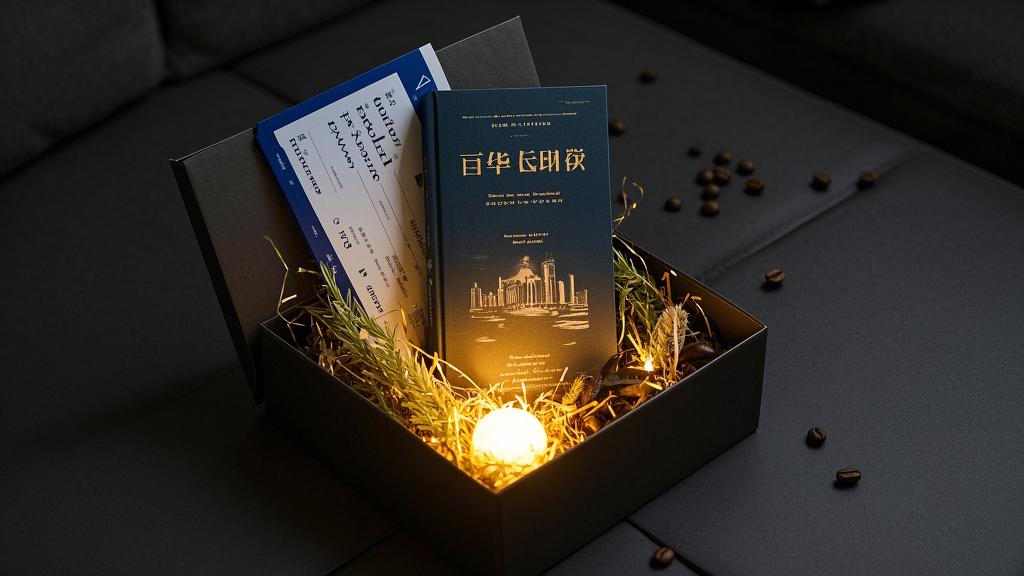 A cross-section of a gift box: it contains travel tickets, a book called One Hundred Years of Solitude, coffee beans, and a small sun hidden at the bottom