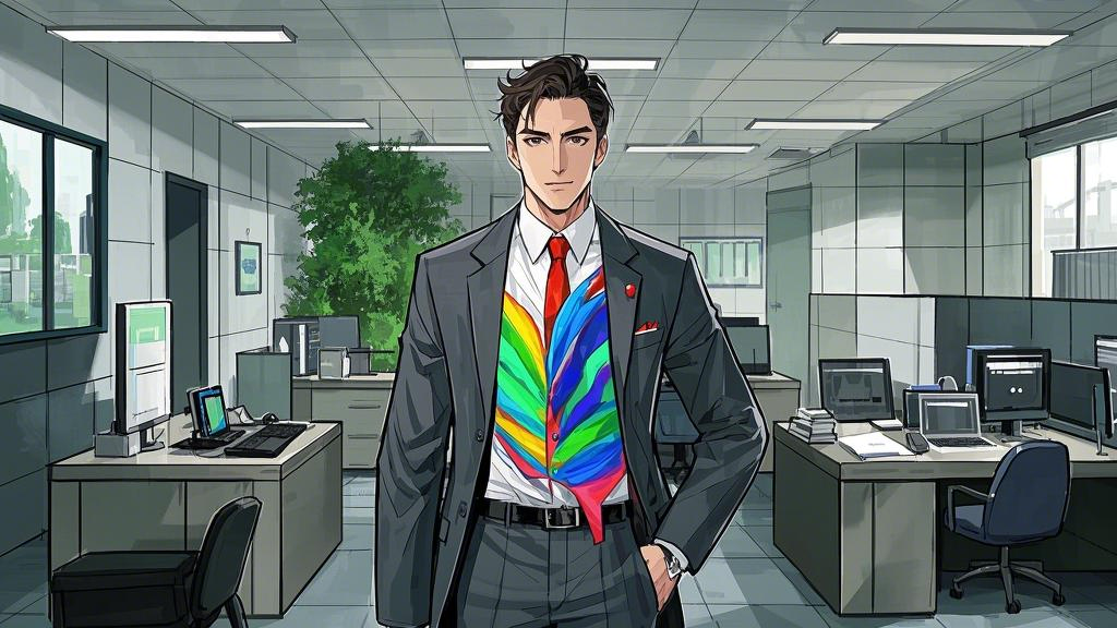 In the office scene, the characters gradually shed their grey suit shells, revealing their colorful and individual clothes. The background changes from a monotonous cubicle to a fantasy forest.