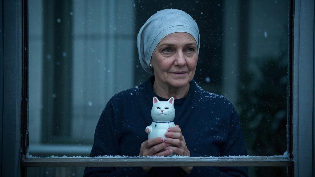 A recovered woman holds a ceramic cat in her hands, snow falls outside the window, and her reflection in the glass shows her wearing a headscarf during chemotherapy