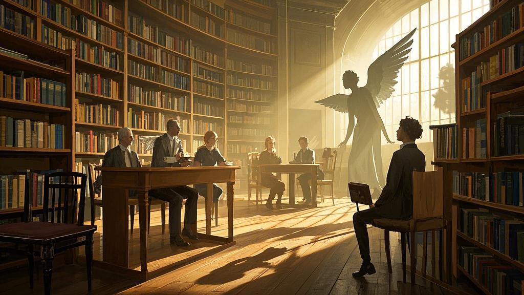 Surreal library: bookshelves are made up of relationship guides and philosophy books, and readers' shadows project angels with outstretched wings