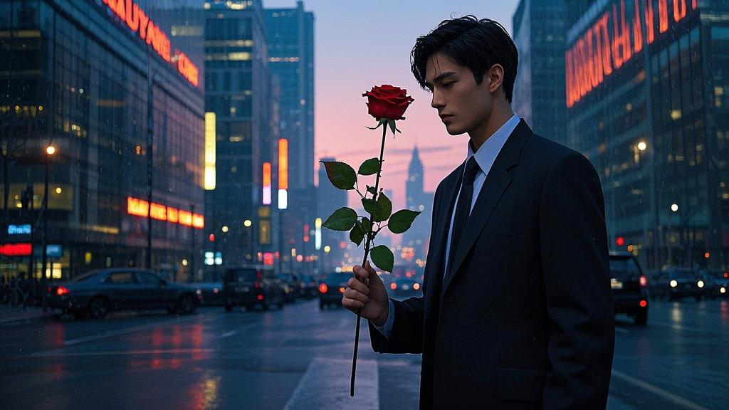 An office worker holding a withered rose in the city at dusk, with neon lights reflected on the wet streets