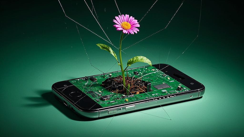 Flowers grow from broken smartphone screen, roots penetrate circuit board