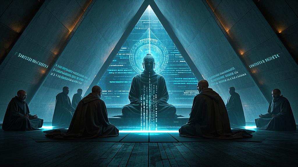 Modern monastery: Inside a glass pyramid, digital monks use holographic interfaces to meditate, with data streams condensing into Buddhist code scriptures in the air