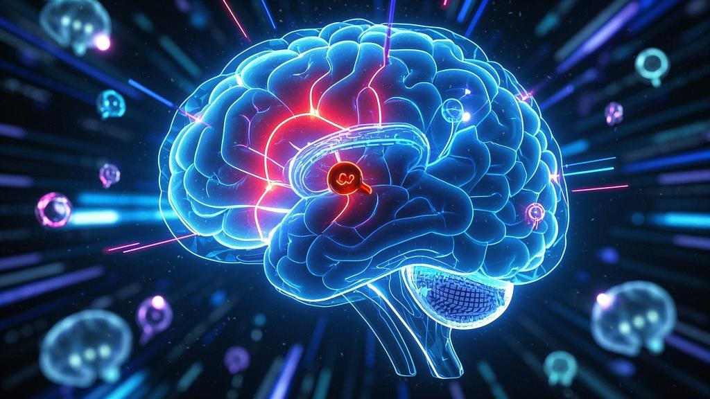 Transparent brain interior showing different areas of social anxiety and neural signaling struggles with self-expression, neon visuals, cyberpunk aesthetic