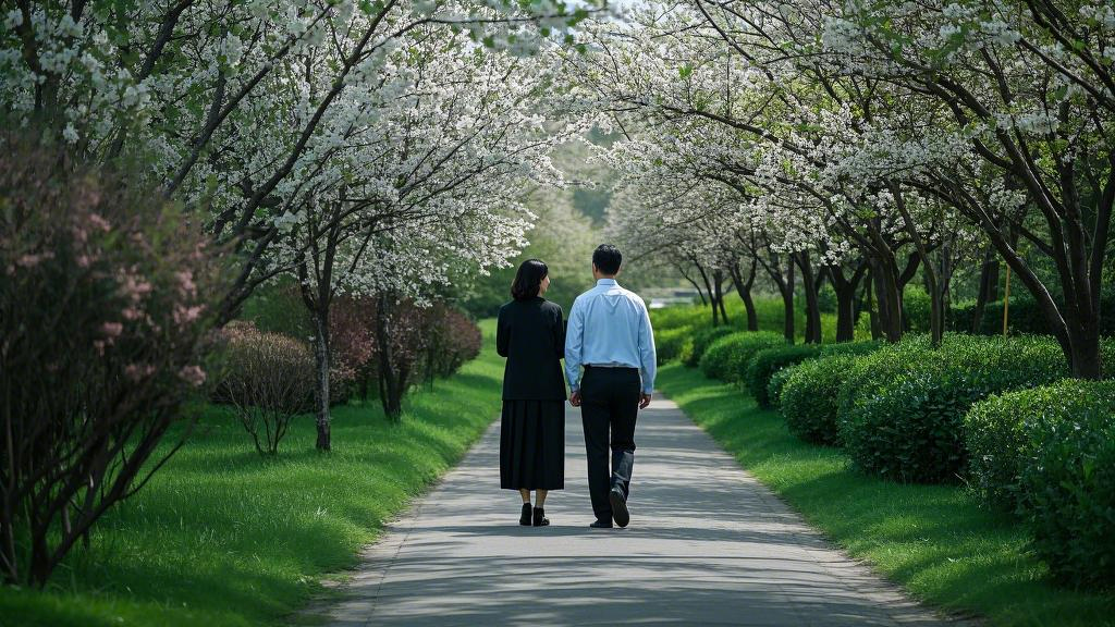 A couple walks along a park path, surrounded by blooming spring flowers and green trees.