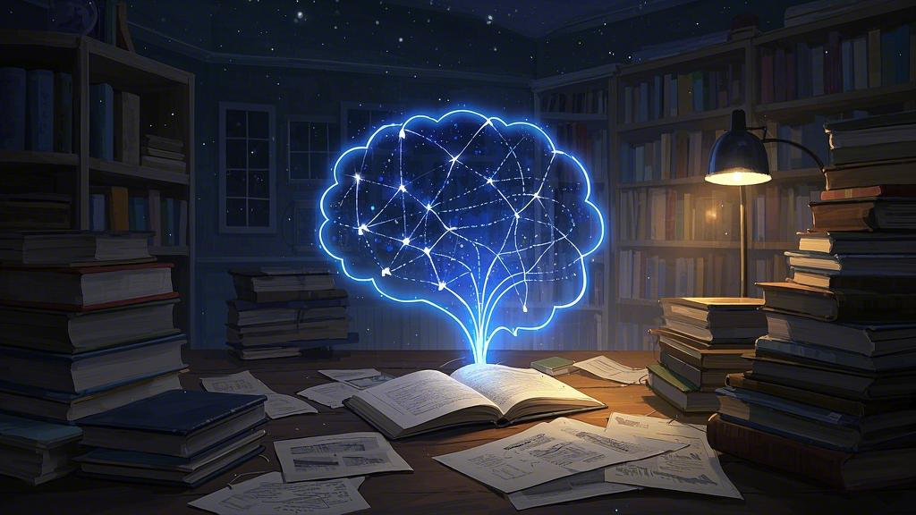 A warm light scene in a late night study room, with a semi-transparent mind map rising from the messy manuscripts, connecting the starry sky and constellations