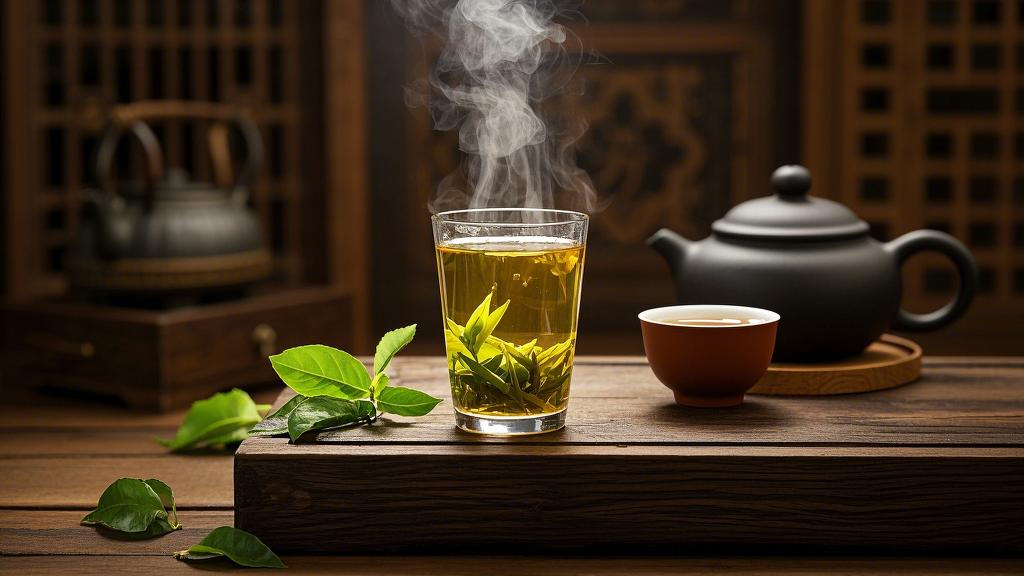 A steaming cup of oolong tea with a teapot and some tea leaves next to it, with a Chinese teahouse in the background.