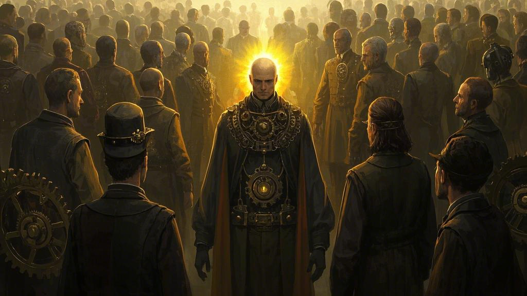 Surrealist illustration: a maverick in a group, emitting light, surrounded by people made of mechanical gears, steampunk style, contrast between warm and cold colors