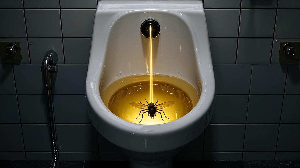 The bottom of the urinal is inlaid with a luminous fly pattern, and the golden urine parabola is precisely aimed at the target