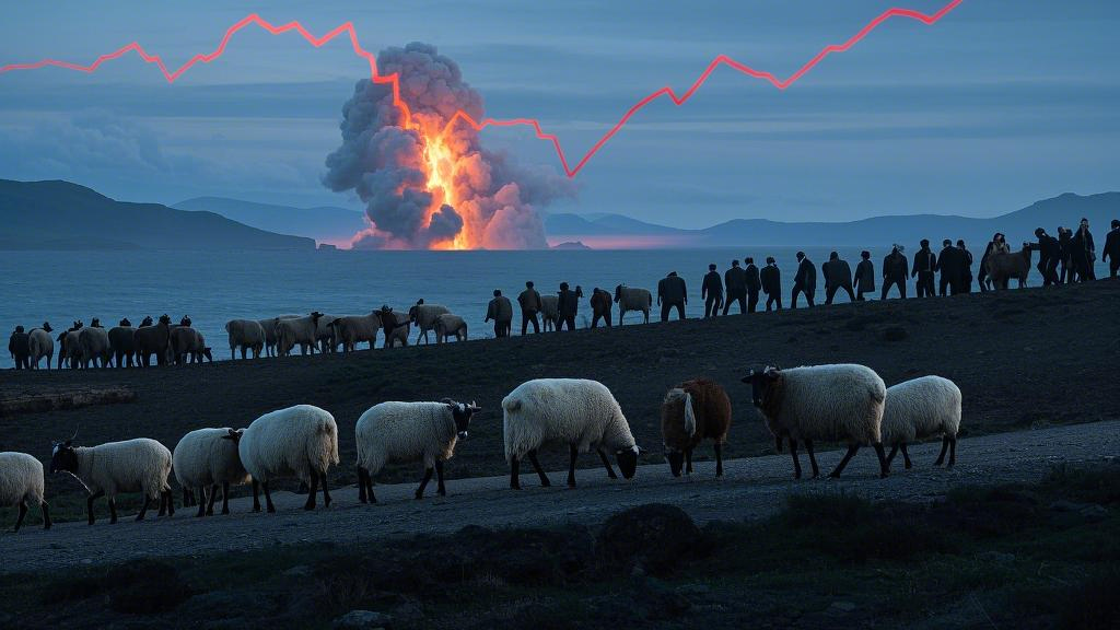 The crowd blindly follows the leader toward the cliff, with the exploding cloud of a stock market crash in the distance.