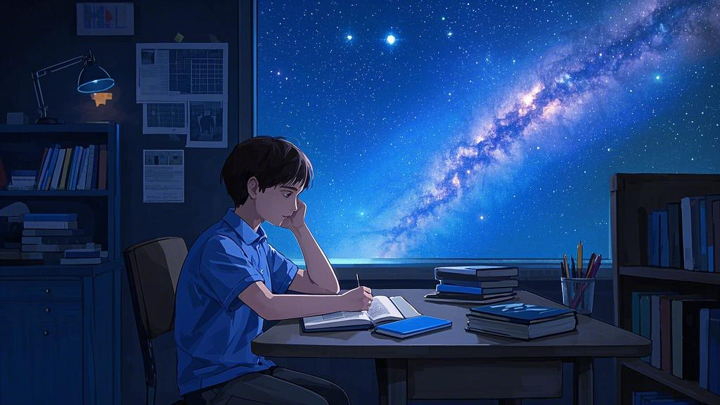 The Milky Way is projected onto the student desk, showing deep concentration and cosmic associations