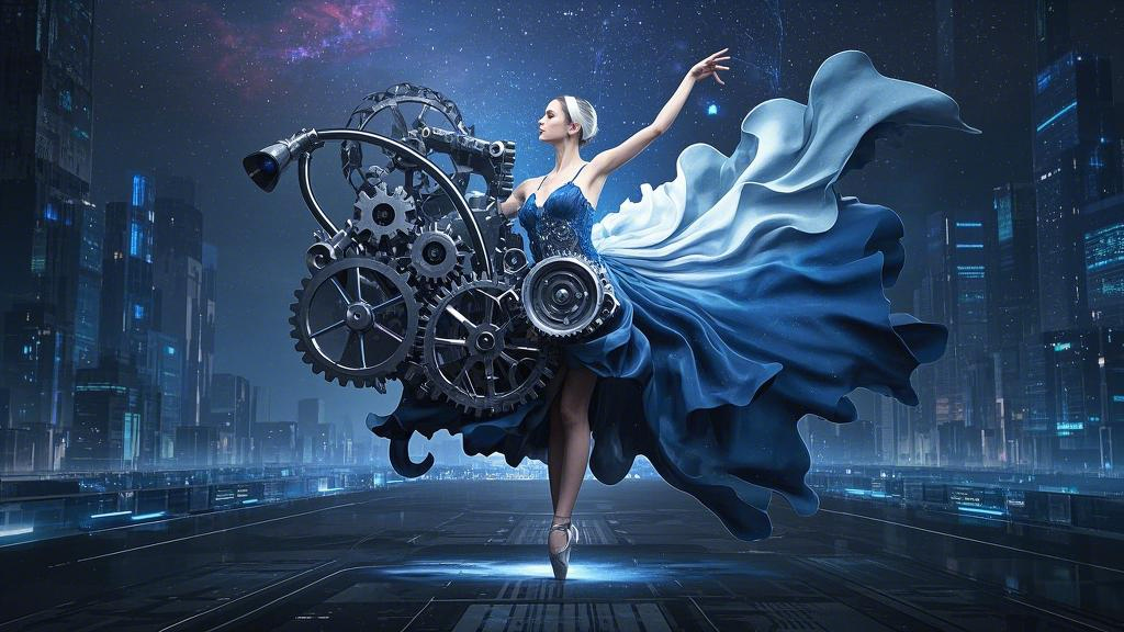 Quantum entanglement of contradictory souls: a dancer presents both mechanical and fluid forms, with the left half of the body composed of precision gears and the right half of the body splashed with ink, and the background blending the starry sky and the city circuit board