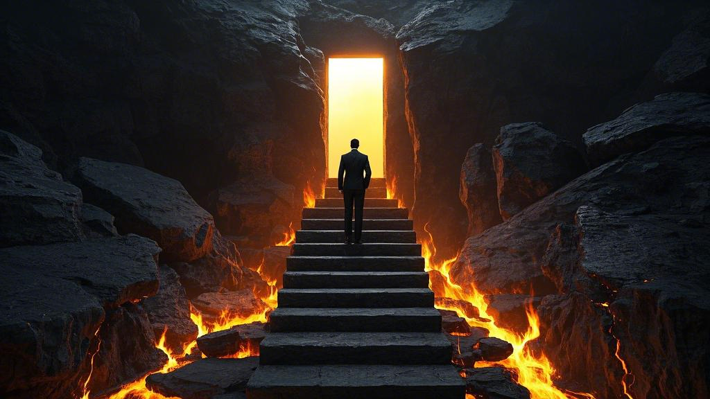 Business people working in lava, but the magma solidifies into stairs leading to a glowing portal