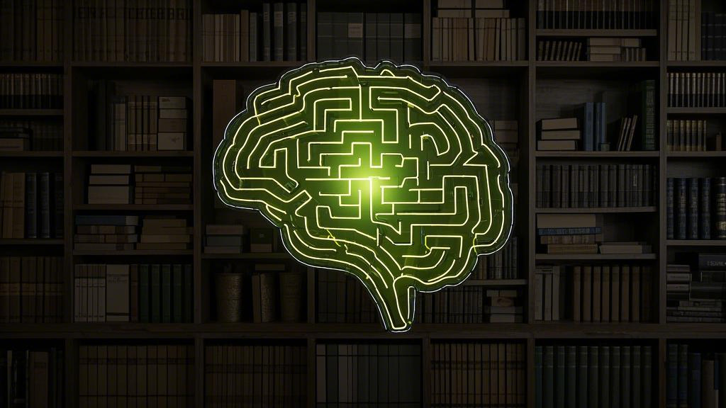 The maze-like bookshelves are shaped like a brain, with fluorescent paths leading to the exit