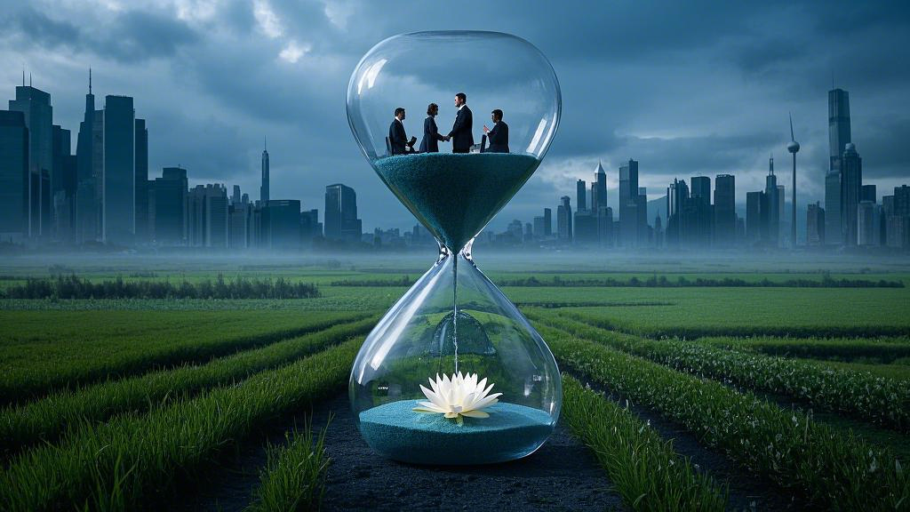 Time crystal hourglass: the upper part shows workplace competition, the lower part shows pastoral poetry, and a lotus blooms at the critical point in the middle